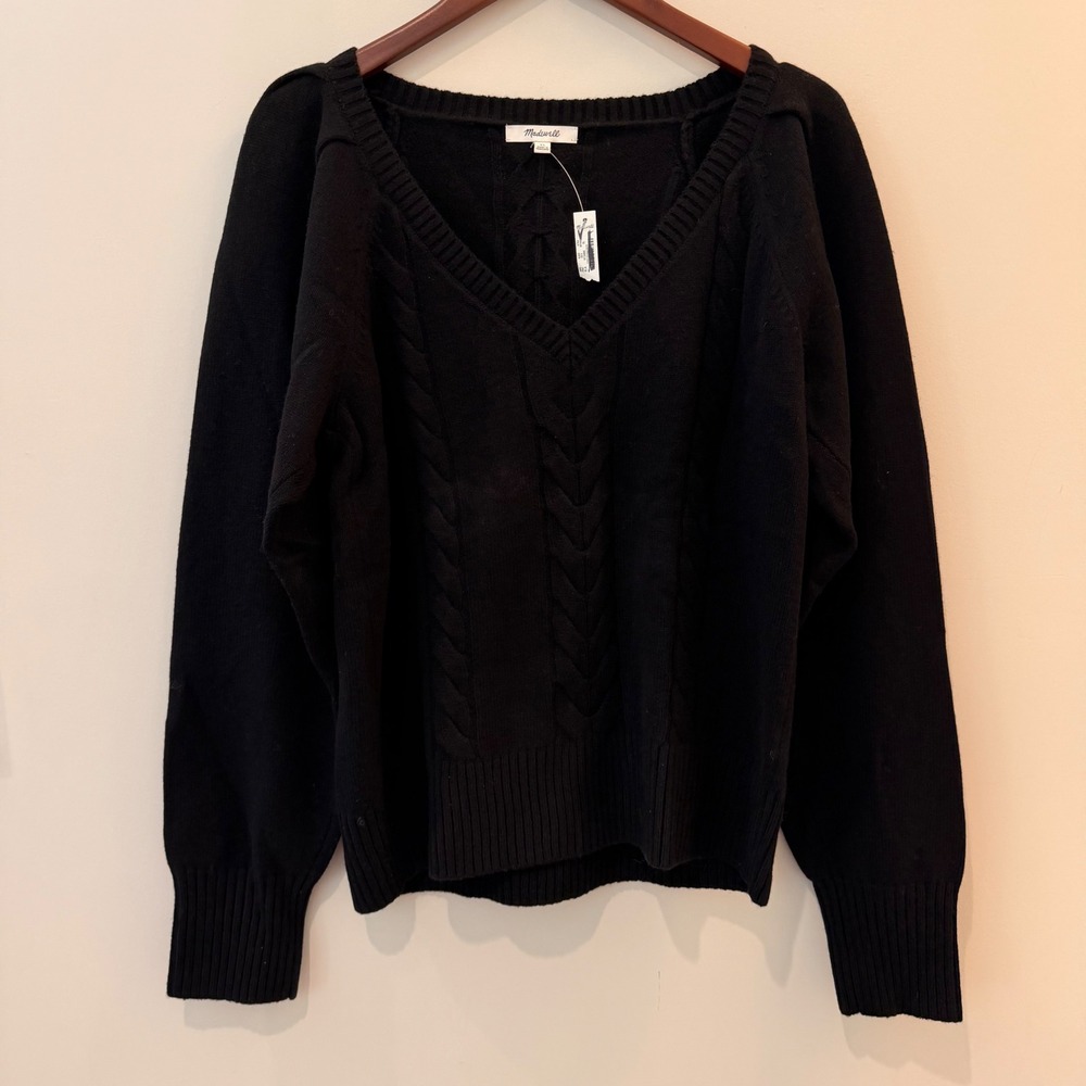 Madewell V Neck Pullover Sweater Merino Wool Cable Knit Trip Black NY444 XS NWT - Picture 2 of 12